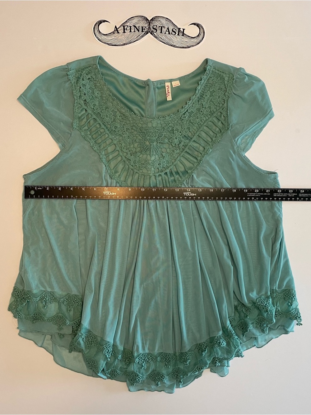 Pinky Women's Large Crochet Lace Knit Babydoll Blouse Cap Sleeve Lined Green Top